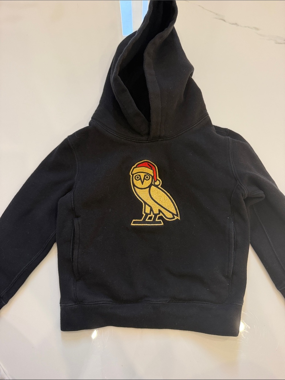 OVO Kids Black Hoodie with Gold Owl Patch and Red Accent
